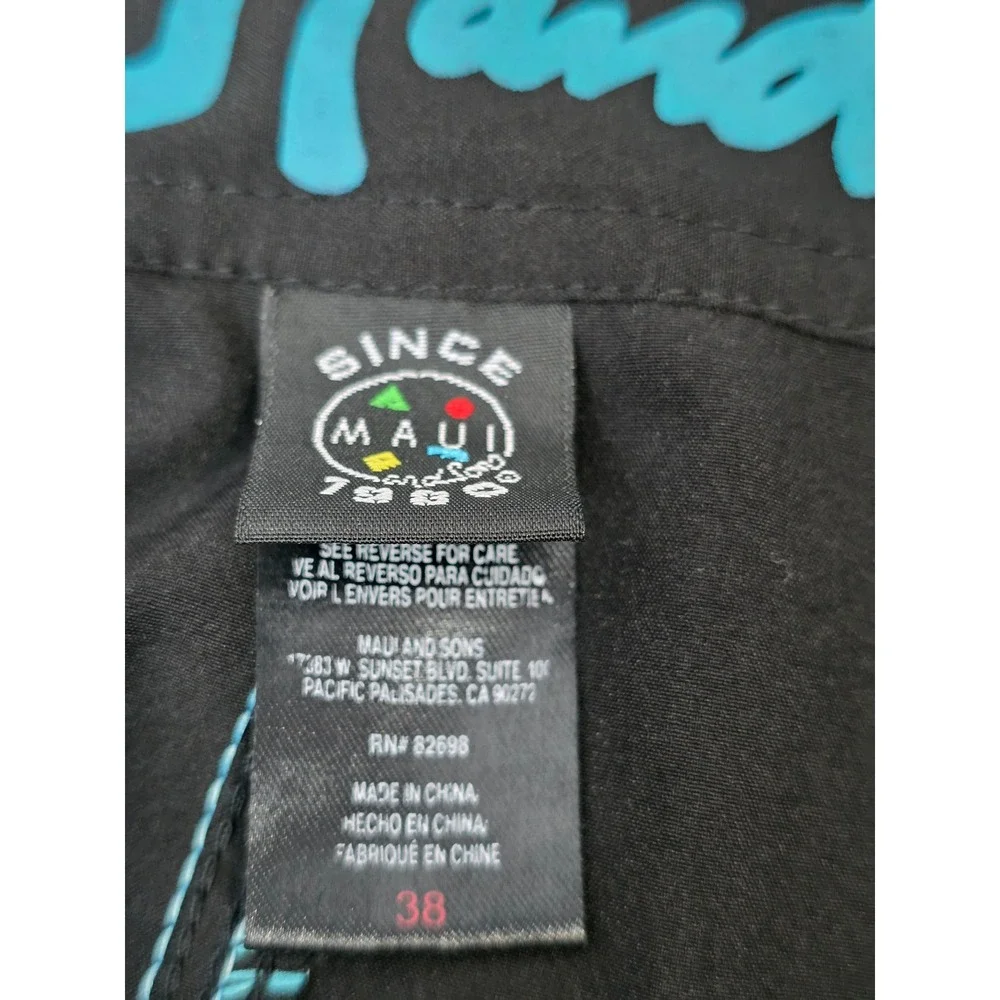 Maui and Sons Mens Board Shorts Black Turquoise Color Block Swim Trunks Size 38